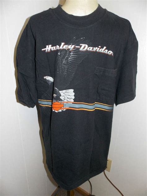 Harley Davidson Vintage Eagle Stripe 1990s Pocket Tee Etsy Mens