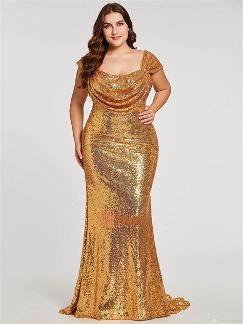 Sparkly Gold Sequined Plus Size Evening Prom Dress Square Neck 2019