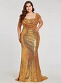 Sparkly Gold Sequined Plus size Evening Prom Dress Square Neck 2019 ...