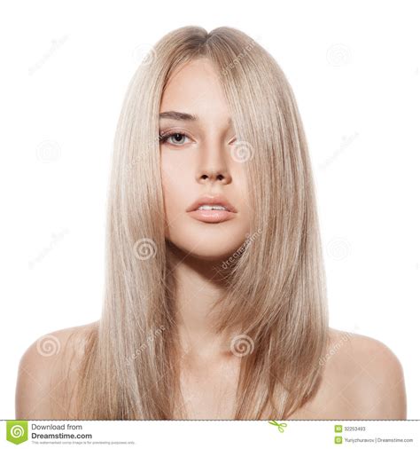 Beautiful Blond Girl Healthy Long Hair White Background Stock Image