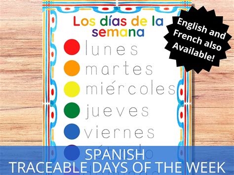 Spanish Days Of The Week Printable Tracing Days Of The Week Etsy