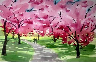 Cherry Blossom Watercolor Background Japanese Painting Blossoms