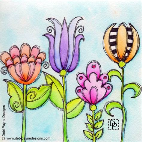 Image Four Doodle Flowers Flower Doodles Flower Drawing Whimsical Art