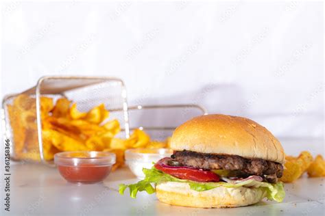 Still Life With Fast Food Hamburger Menu French Fries And Ketchupjunk