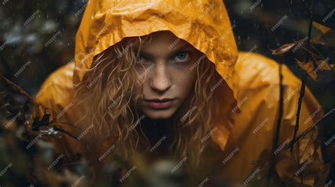 Premium Ai Image One Young Woman Hiding In The Wet Autumn Forest
