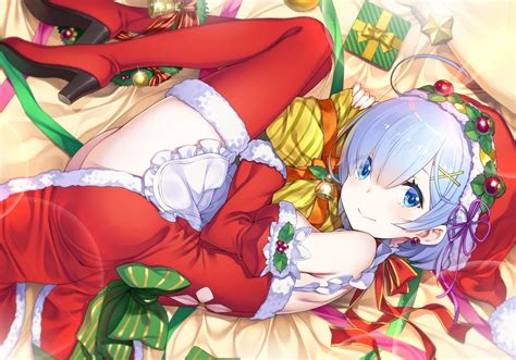 white haired female anime character illustration christmas rem re zero re zero kara