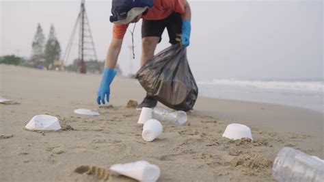 Volunteers Walk And Pick Up Garbage On The Beach Cleaner Collecting Garbage On The Black Sand