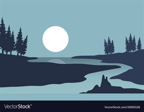 Silhouette River And Moon Landscape Royalty Free Vector