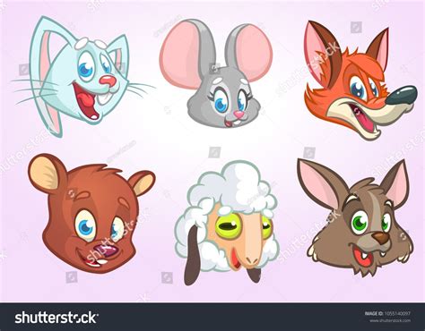 Cartoon Funny Animal Head Icons Big Set Of Wild And Farm Animals