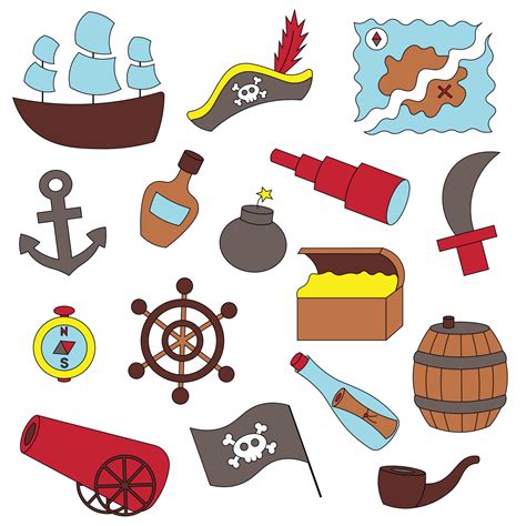 Set Items Pirate Things Draw Illustration In Color 7165365 Vector Art