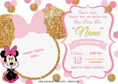 Pink And Gold Glitter Minnie Mouse Baby Shower Invitation Templates