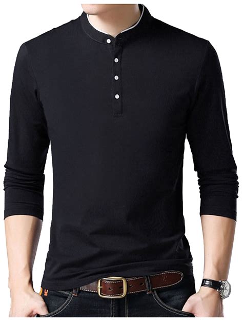 Mens Slim Fit Long Sleeve Casual T Shirts Polo Stand Collar Button Down Shirt Tops Solid Color