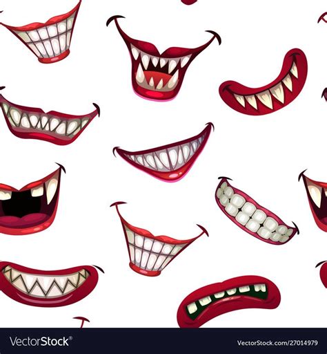 Seamless Pattern With Creepy Monster Smiles On White Background Scary