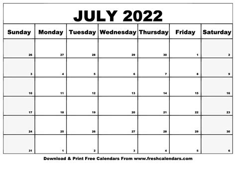 Free Printable Printable Pdf 2022 Calendar July Printable Template