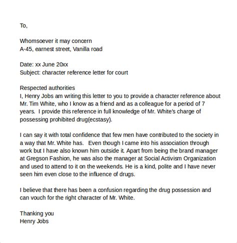 I know her to be of good character and the crime committed is the first and is out of character for this. Sample Character Reference Letter For Court Template | Character Reference Letter