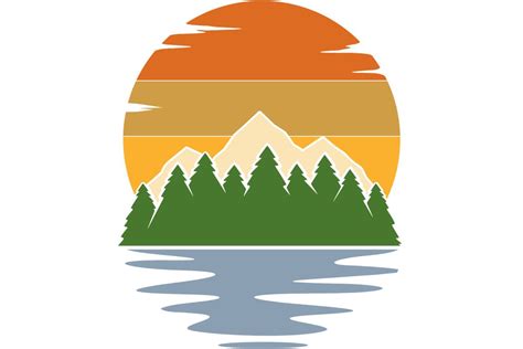 Mountain Lake Evergreen Retro Vintage Sunset Clipart Camping Trees Png