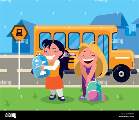 Happy Little School Girls In The Bus Stop Vector Illustration Design Stock Vector Image And Art