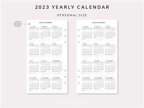 Yearly Calendar 2023 Planner Calendar Printable Insert Etsy