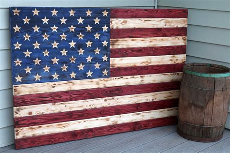 Large Wooden American Flag Carved Wooden Scorched Flag Etsy