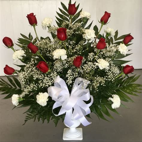 Red Roses And White Carnations Funeral Arrangement Glorias Flowers