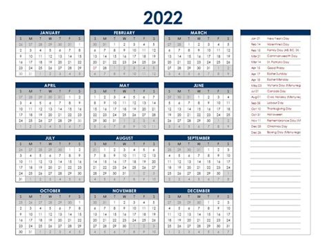 2022 Calendar Canada With Holidays Printable In 2021 Yearly Calendar