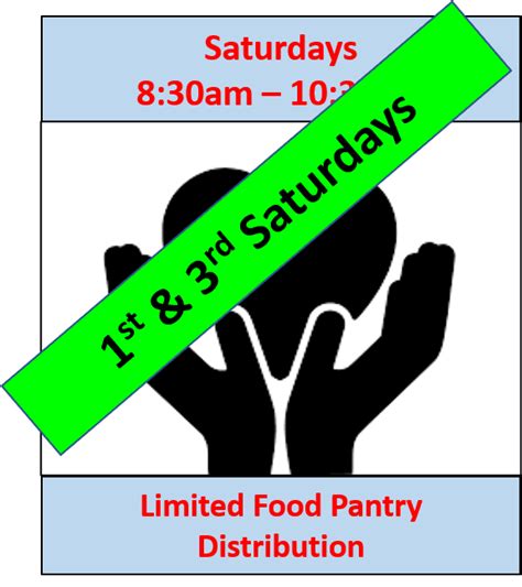 The food pantry is open tuesday, thursday and saturday mornings from 10:00 am until 11:45 am. Food Pantry Now Open 1st & 3rd Saturdays (8:30am - 10:30am ...