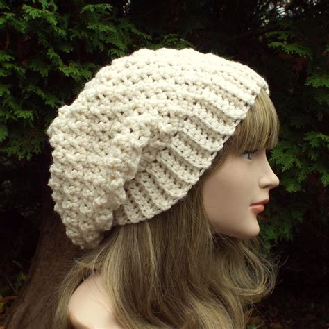 Crochet beanie hat video tutorial and pattern. Cream Crochet Hat Womens Slouchy Beanie Slouchy Hat
