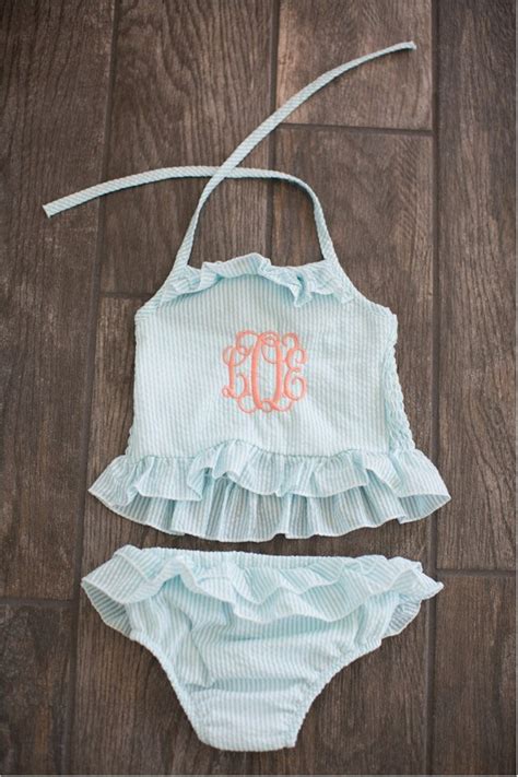 Girls Monogram Swim Suit Seersucker Swim Suit Personalized Etsy