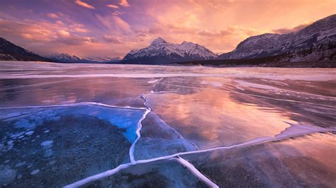Sunset Ice Sky Mountains Clouds Lake Winter Frozen Wallpaper