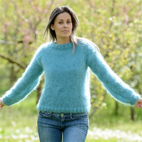 Hand Knit Mohair Sweater Turquoise Color Fuzzy Crew Neck Etsy
