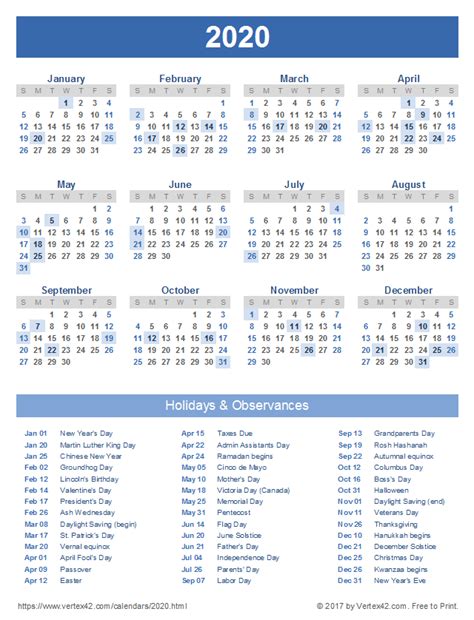 Download A Free Printable 2020 Calendar With Holidays From