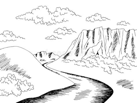 Plateau Tableland Mountain River Graphic Black White Landscape Sketch