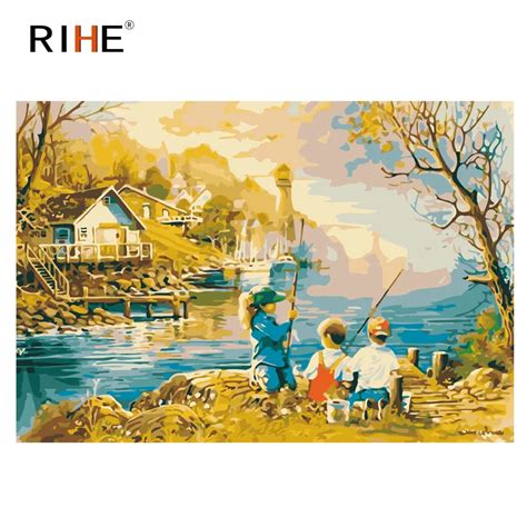 Rihe Kids Fishing Diy Painting By Numbers River Oil Painting On Canvas