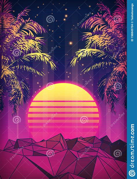 retro 80s style tropical sunset with palm tree vector illustration 198845704