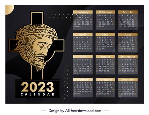 Templat Kalender 2023 Jesus Cross Sketch Handdrawn Outline Vektor