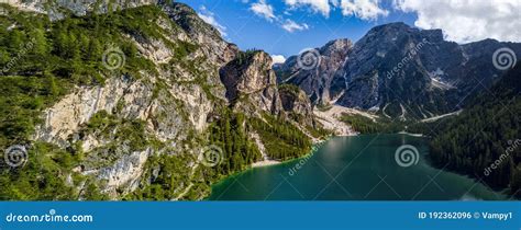 Aerial View Of The Lake Braies Pragser Wildsee Is A Lake In The Prags