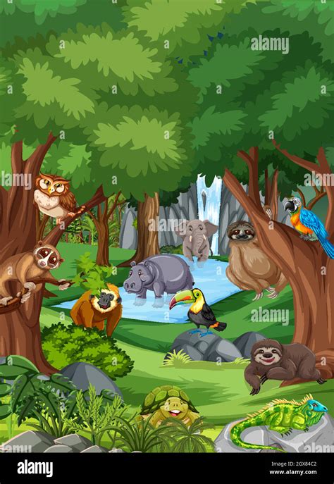 Wild Animal Cartoon Character In The Forest Scene Stock Vector Image