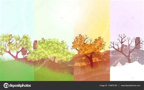 Four Seasons Banners With Abstract Trees On Forest Background — Stock
