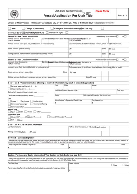 Fillable Form Tc 656v Vessel Application For Utah Title Printable Pdf