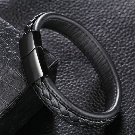 Genuine Leather Braided Bracelet With Black Stainless Steel Magnetic C