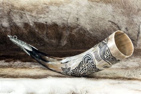 Carved Viking Drinking Horn With Sea Beast Terminal And Garnet Etsy