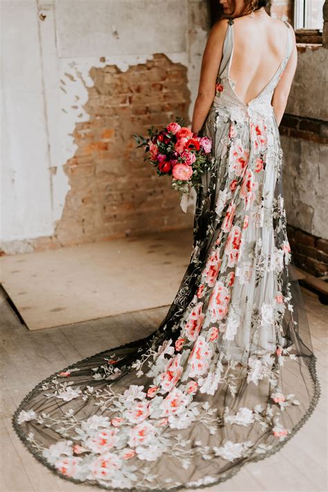 Claire Pettibone Floral Raven Wedding Dress Of Black Embroidered Tulle