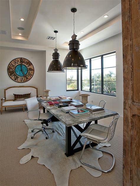 Eclectic Home Office With Industrial Pendant Lights Hgtv