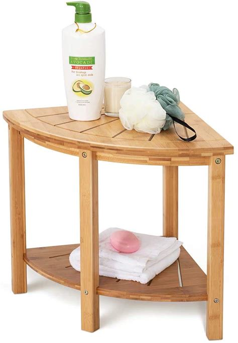 Buy Oasisspace Corner Shower Stool Bamboo Shower Bench With Storage Shelf Wooden Spa Bath