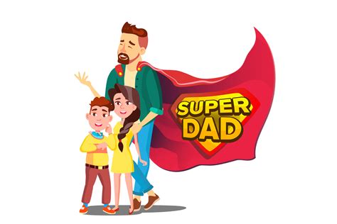 Super Dad Vector Daddy Like Super Hero With Children Isolated Flat