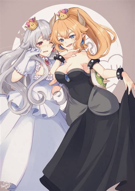 Bowsette And Queen Booette Pixiv Peachy Michi Mario Super Crown Fanart イラスト テレサ クッパ