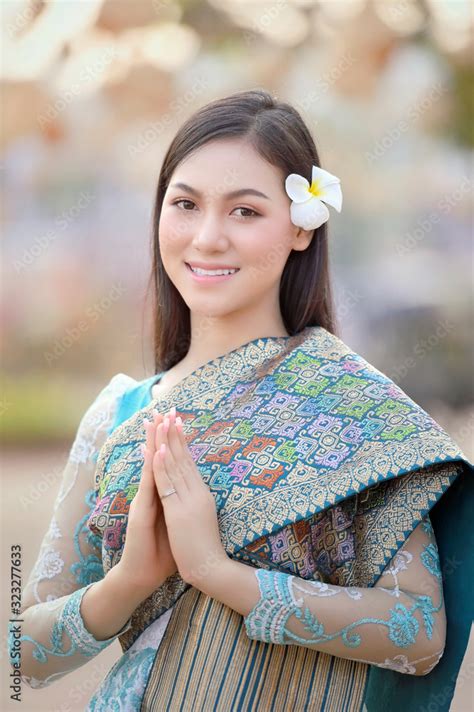 Woman Wearing Laos Traditional Dress Costume Vintage Style Laos Girl Dressed In Traditional Lao
