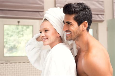 Couple Embrassing After Shower Attractive Couple After Morning Shower Stock Image Image Of