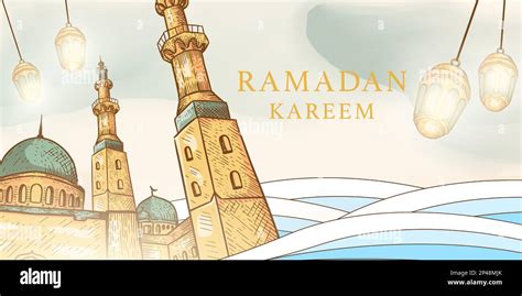 Hand Drawn Vector Design Ramadan Kareem Horizontal Banner With Mosque