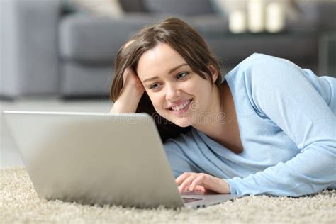 Happy Teen Using Laptop On The Floor At Home Stock Image Image Of